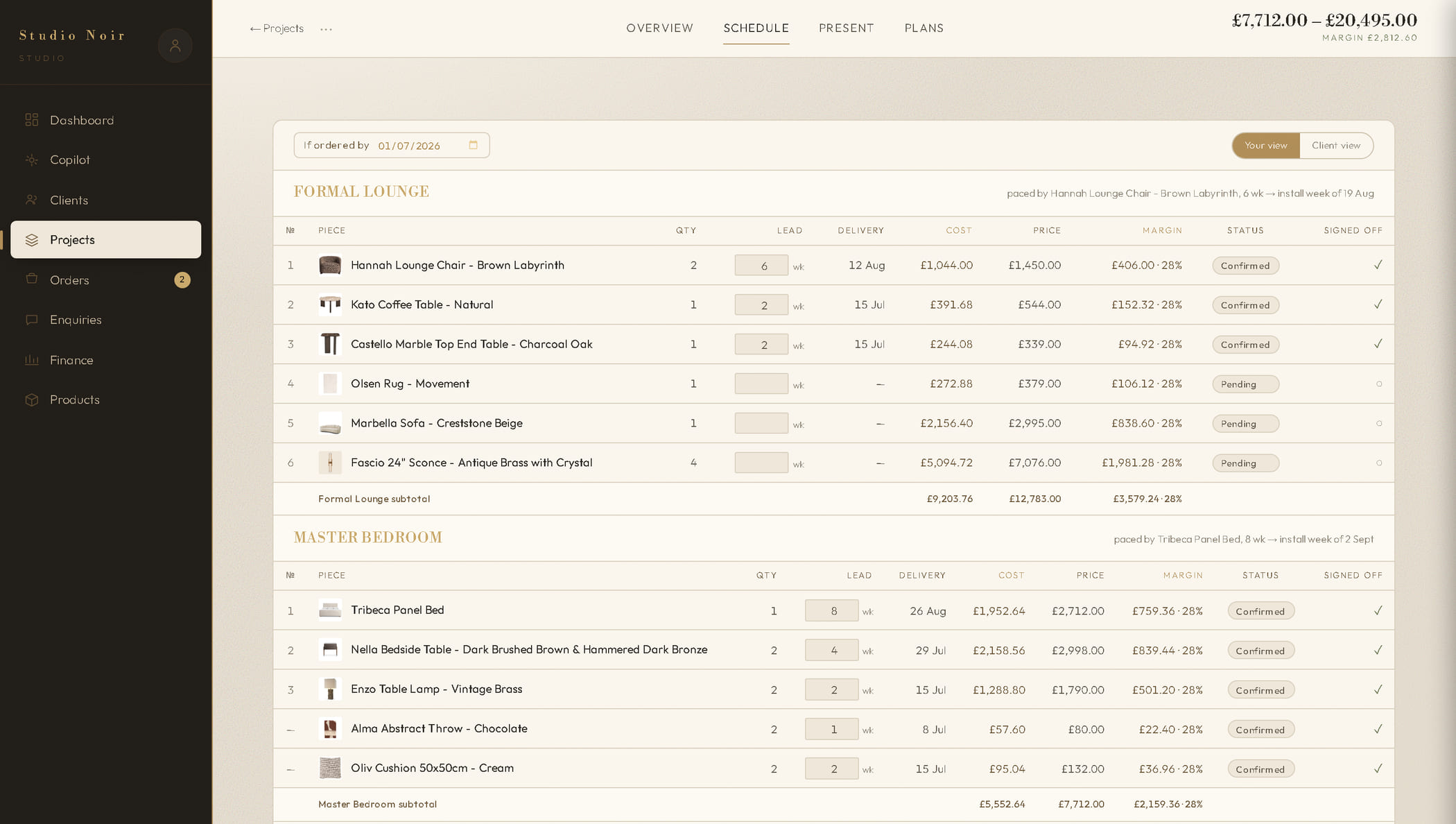 The FF&E schedule inside Interius