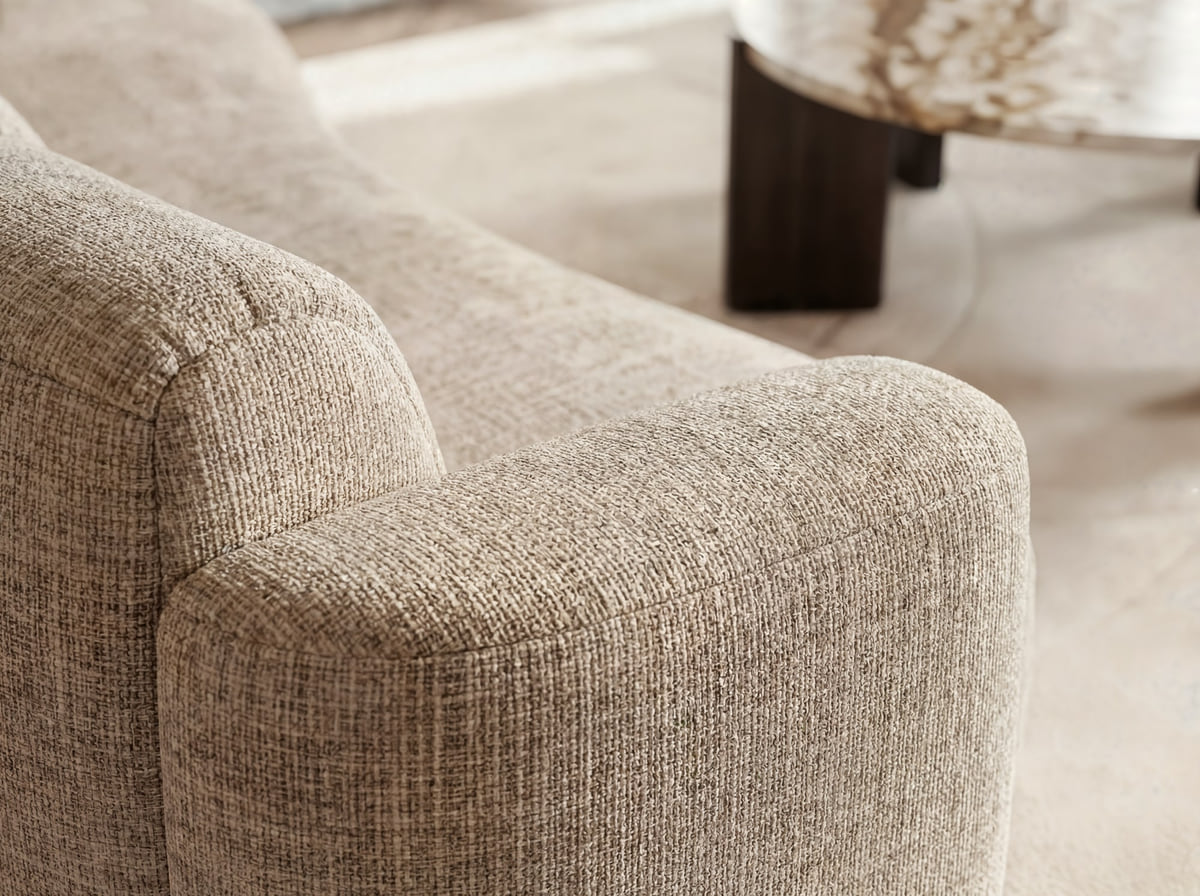 A close-up of a bouclé sofa