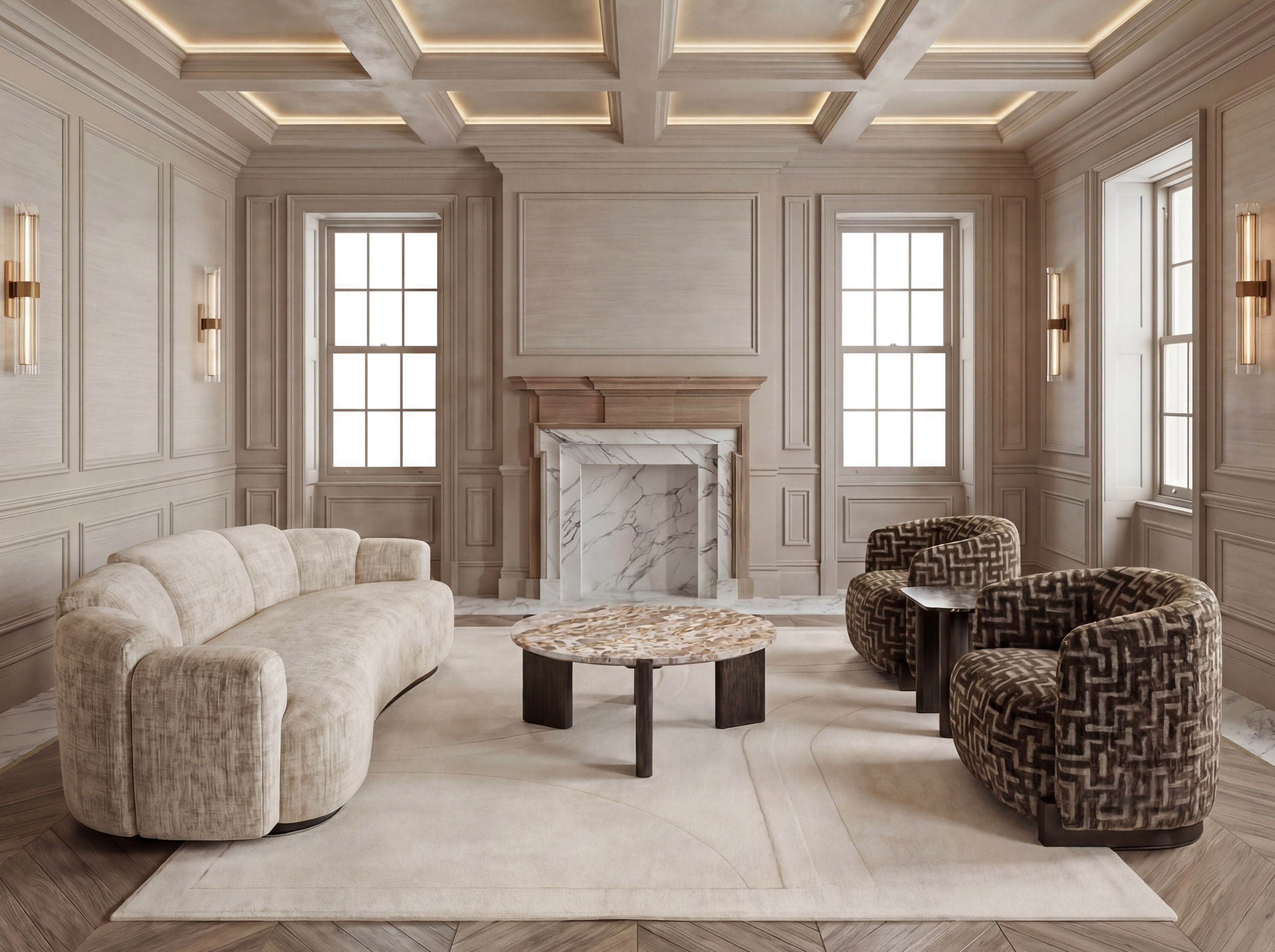 A photoreal render of the furnished Formal Lounge